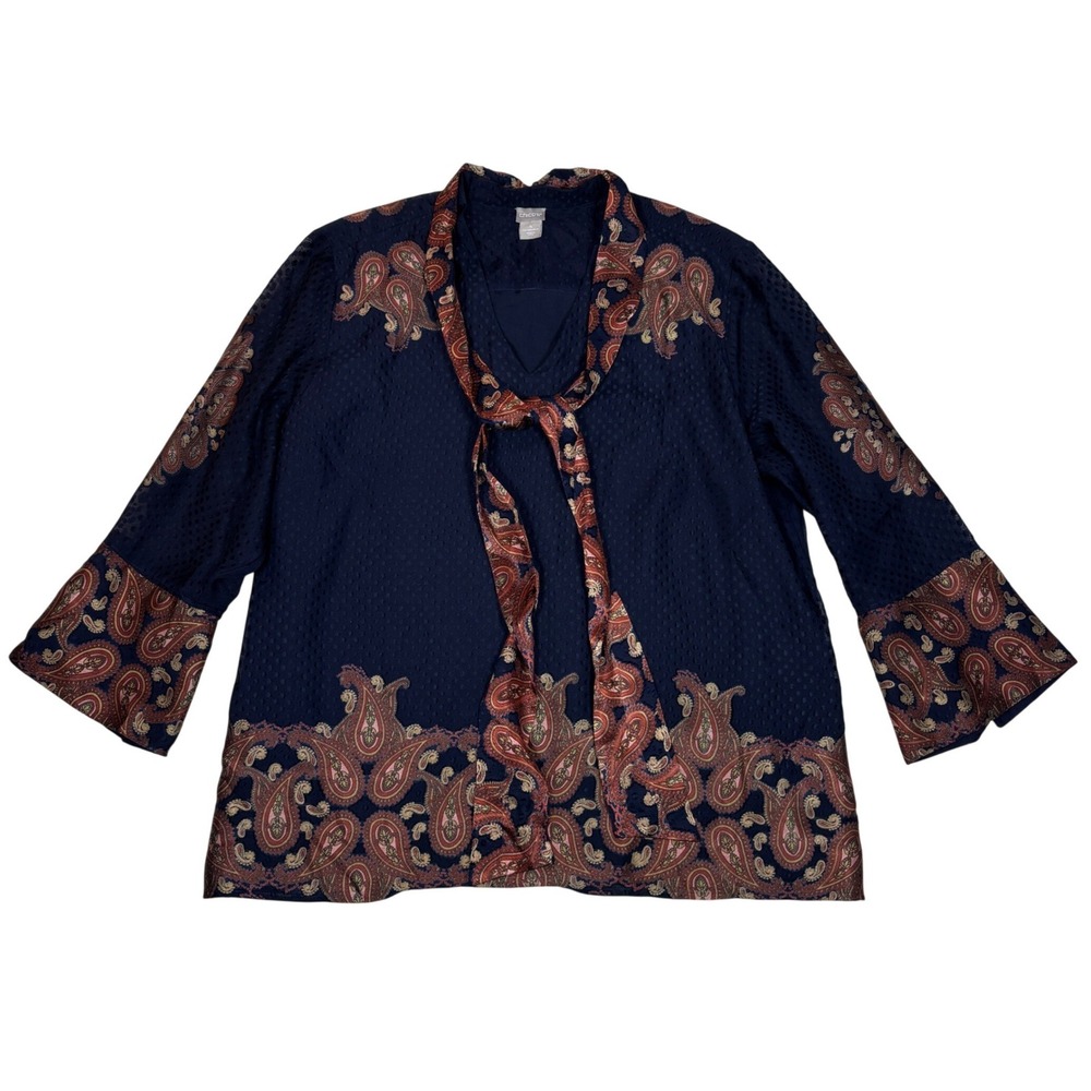 Chicos Navy Paisley Swiss Dot Tie Neck Bell Sleeve Blouse Womens 4 US 20/22